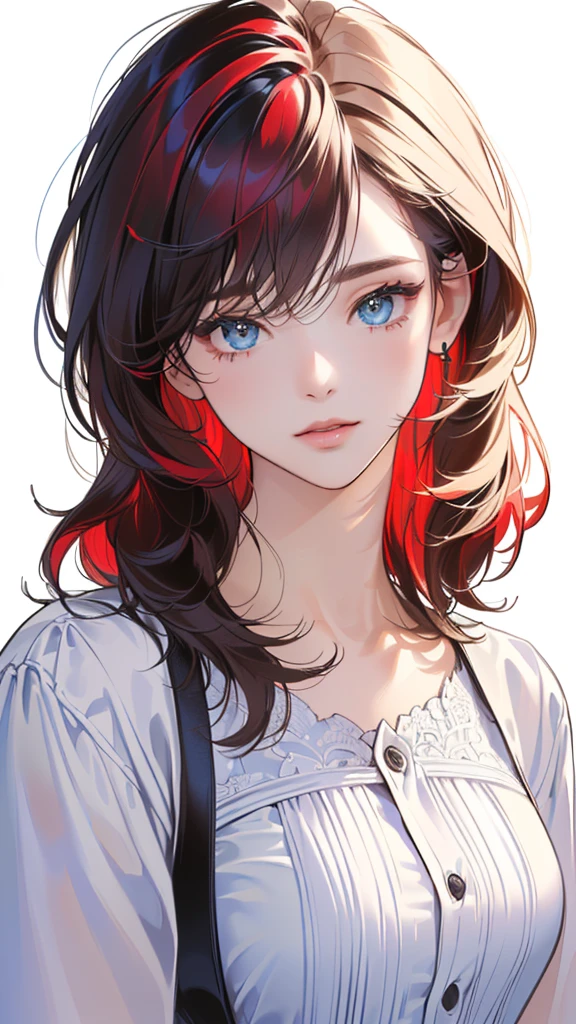High resolution, Simple Background, Highest quality, accurate, masterpiece, High-resolution model, High detail, Ultra high definition, Colorful Hair, Medium Hair, Hair that can't be tied up, Pink eyes, ribbon hair accessories, Character Design,