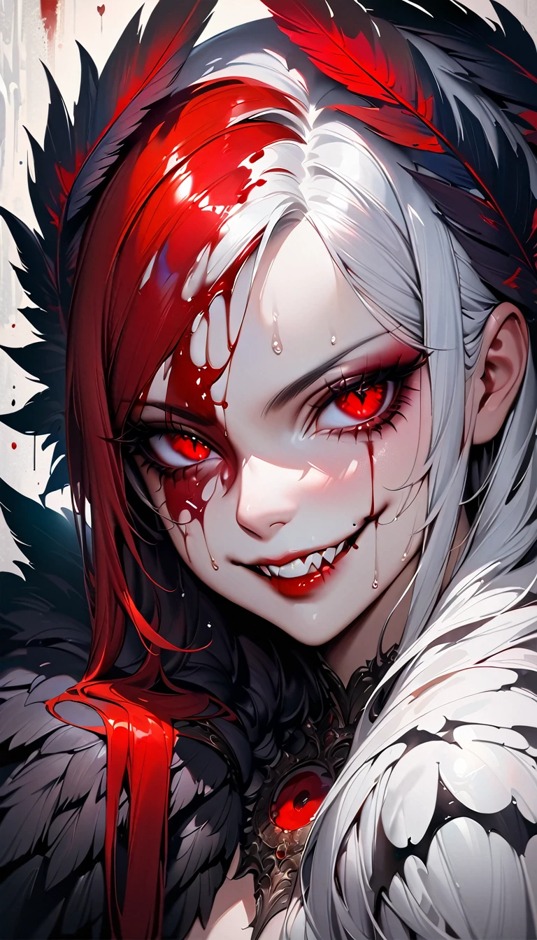 ((Nsfw, Vulgar)),wet-on-wet oil painting depicting a dark angel, a semi-realistic full body portrait, blood on the angel face,, red eyes, gorgeous painting, breathtaking, semirealistic, beautiful colors, evil, beautiful red eyes, detailed textures, massive blackdark feathers, blood, white hair, evil grin, evil smile
