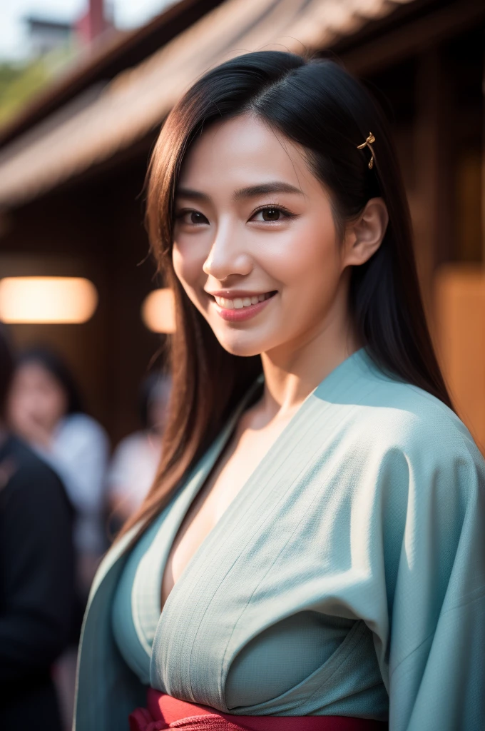 Surrealism, High detail, Cinema Lighting, Ray Tracing, viewing angle, Eye-level shot, Hyper HD, masterpiece, Textured skin, 4K, Highest quality, Beautiful woman in kimono, Background of the Danjiri Festival in Kishiwada, Osaka Prefecture, Japan、A glamorous atmosphere、evil smile
