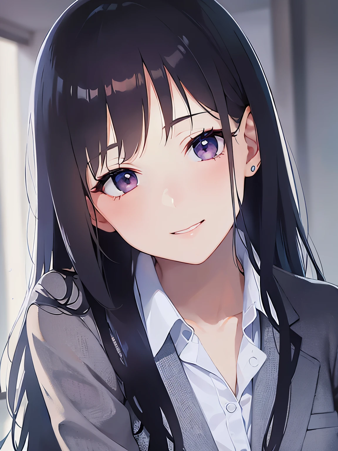 (hand on own cheek:1.3)、Biologically correct five fingers、head tilt, Upper Body, Realistic, real person, (pale skin: 1.2), RAW photo, photorealistic, shiny skin, shiny hair、(A 25-year-old woman with straight hair and bangs) and (medium hair) and (black hair) and (purple eyes) , (business suit:1.5) and (white collared shirt)、(grin:1.2), The background is the conference room、Alone、Are standing