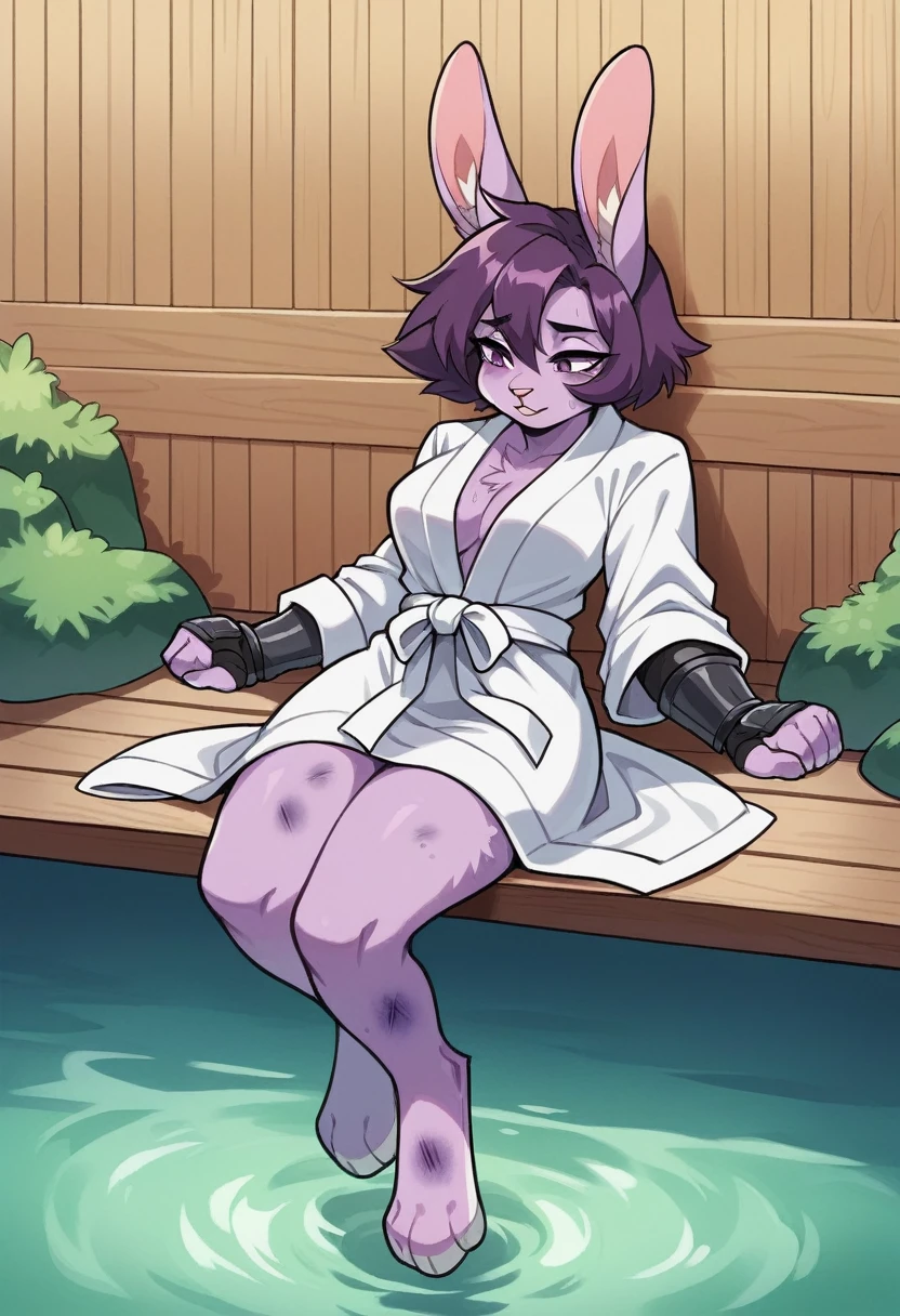create a picture of a female half rabbit character with purple giant rabbit digitigrade legs with white paws, put purple rabbit ears on top of her head with black stains, wrap her up in a large closed white bathrobe wrapped around her whole body, put purple fur on her arms from her elbows down, give her short brown hair, make her legs look fluffy and furry, make it in an anime style, make her look super relaxed and like she’s dreaming, give her black gauntlets, make her look bruised, give her moderate breasts, make her mostly underwater deep in a hot spring, make her mostly submerged in the water, make the environment very steamy, make the bathrobe look like it’s floating a bit in the water, raise the water level to her mid point, make the air look steamy