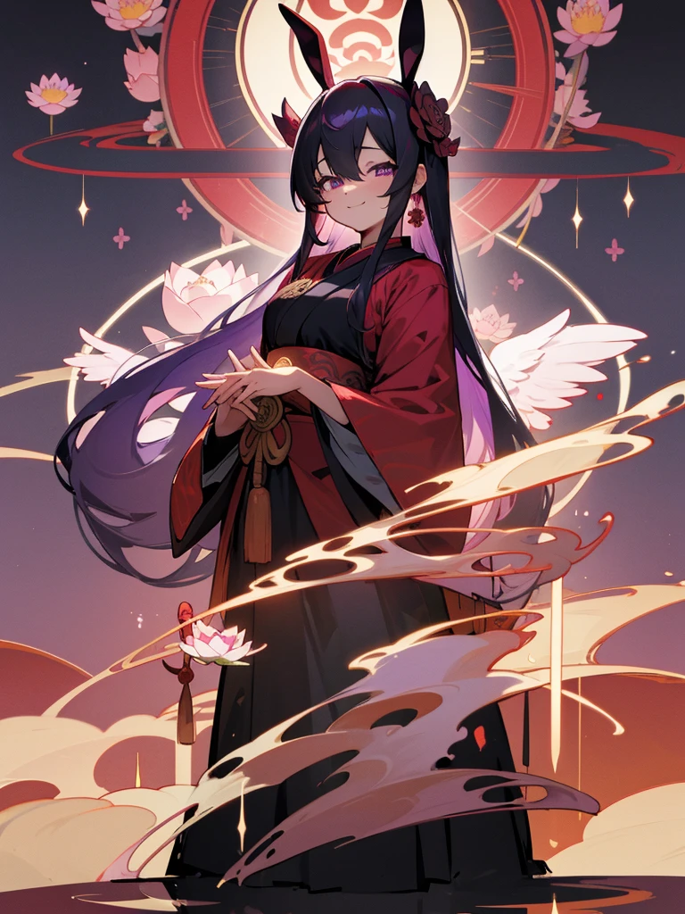 Buddha, rabbit ears, Black long hair, Red Japanese pattern dress, portable shrine, Angel Halo, lotus flower field, purple eyes, smile, Japanese flag
, lotus bouquet, paradise, Rose hair ornament.Blue Randoseru
ちびまる子ちゃん
