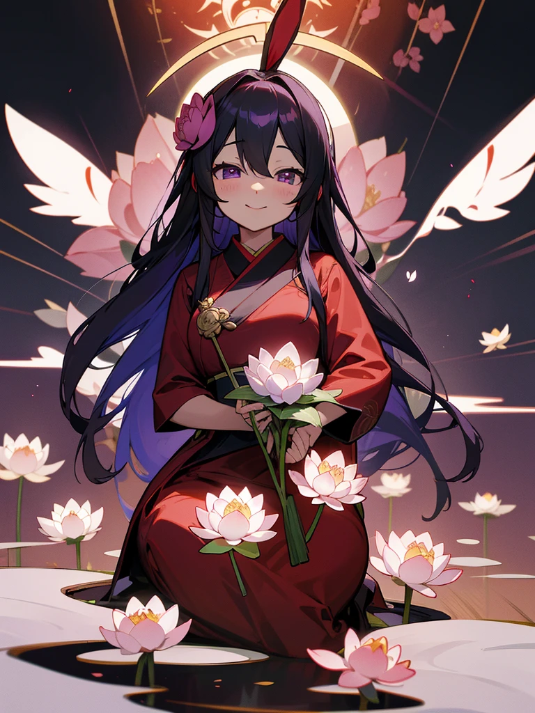 Buddha, rabbit ears, Black long hair, Red Japanese pattern dress, portable shrine, Angel Halo, lotus flower field, purple eyes, smile, Japanese flag
, lotus bouquet, paradise, Rose hair ornament.Blue Randoseru
ちびまる子ちゃん