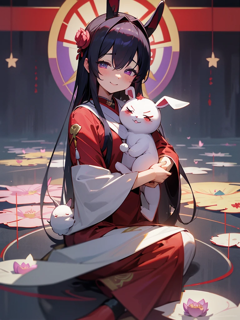 Buddha, rabbit ears, Black long hair, Red Japanese pattern dress, portable shrine, Angel Halo, lotus flower field, purple eyes, smile, Japanese flag
, lotus bouquet, paradise, Rose hair ornament.Blue Randoseru
ちびまる子ちゃん