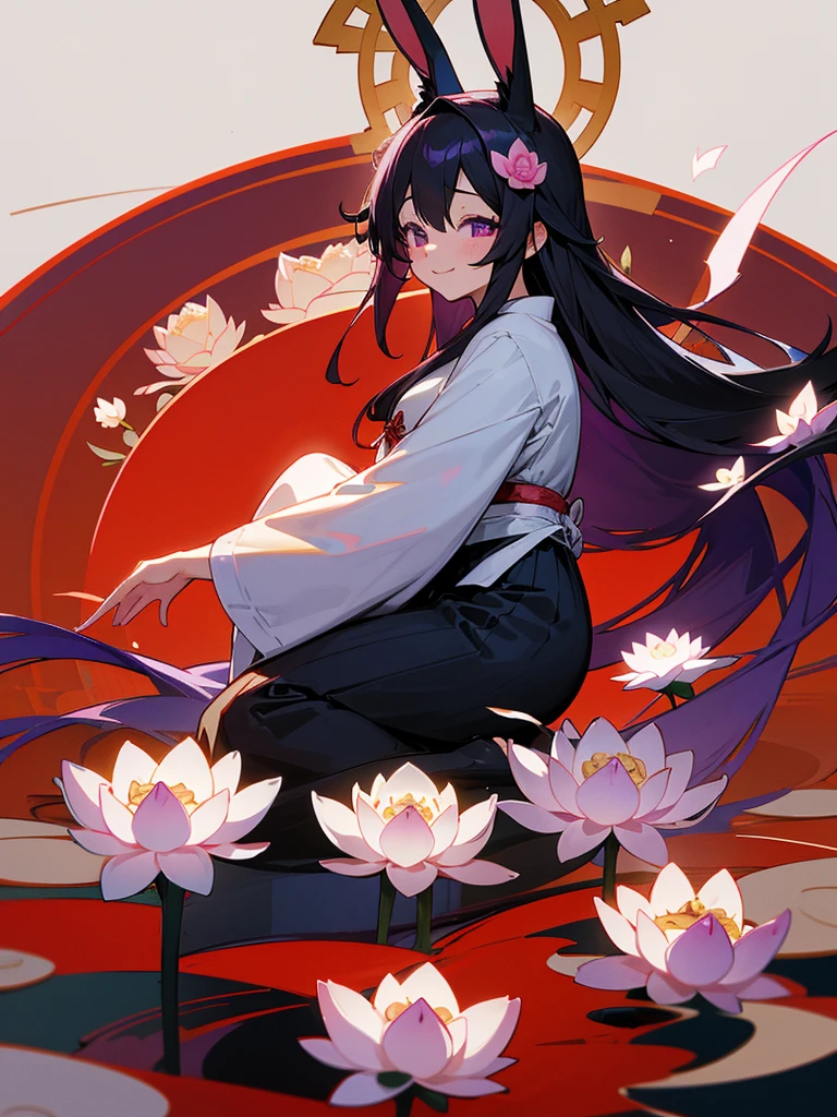 Buddha, rabbit ears, Black long hair, Red Japanese pattern dress, portable shrine, Angel Halo, lotus flower field, purple eyes, smile, Japanese flag
, lotus bouquet, paradise, Rose hair ornament.Blue Randoseru
ちびまる子ちゃん