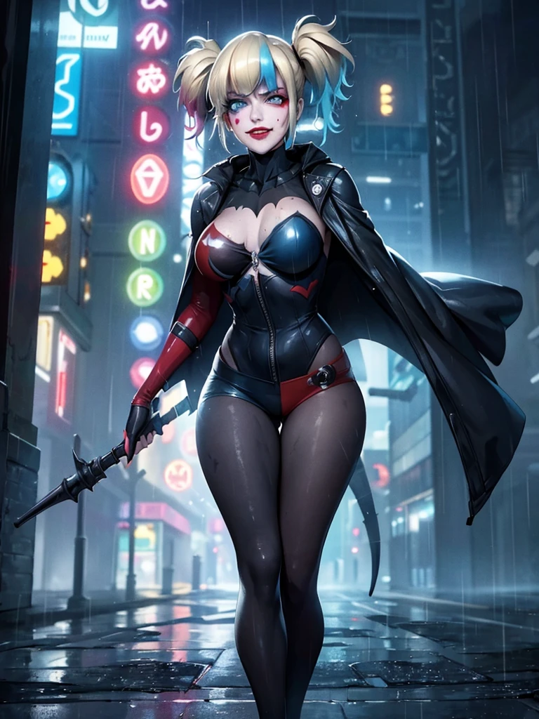 Harley Quinn, dressed in the Batman suit, stands confidently on the rain-soaked streets of Gotham City at night. The dark, wet pavement glistens under the intense downpour, highlighting the intricate details of her Batsuit. Her expression is stern, masked gaze fixed forward. A long, black cape billows behind her, flapping in the wind as she stands firm against the torrential rain. Neon lights from nearby signs and buildings cast an eerie glow, illuminating the dark atmosphere. The rain-soaked streets stretch out before her, leading into the distance with a sense of depth and perspective. Harley's drenched appearance adds to the gritty, dystopian ambiance.