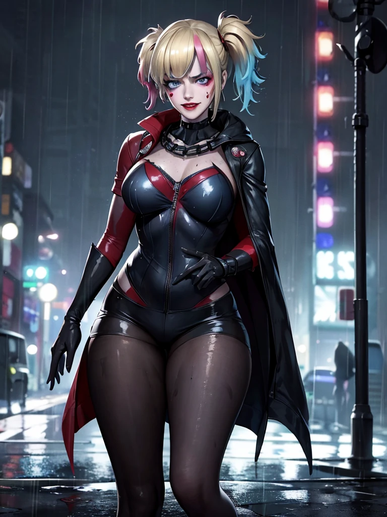 Harley Quinn, dressed in the Batman suit, stands confidently on the rain-soaked streets of Gotham City at night. The dark, wet pavement glistens under the intense downpour, highlighting the intricate details of her Batsuit. Her expression is stern, masked gaze fixed forward. A long, black cape billows behind her, flapping in the wind as she stands firm against the torrential rain. Neon lights from nearby signs and buildings cast an eerie glow, illuminating the dark atmosphere. The rain-soaked streets stretch out before her, leading into the distance with a sense of depth and perspective. Harley's drenched appearance adds to the gritty, dystopian ambiance.