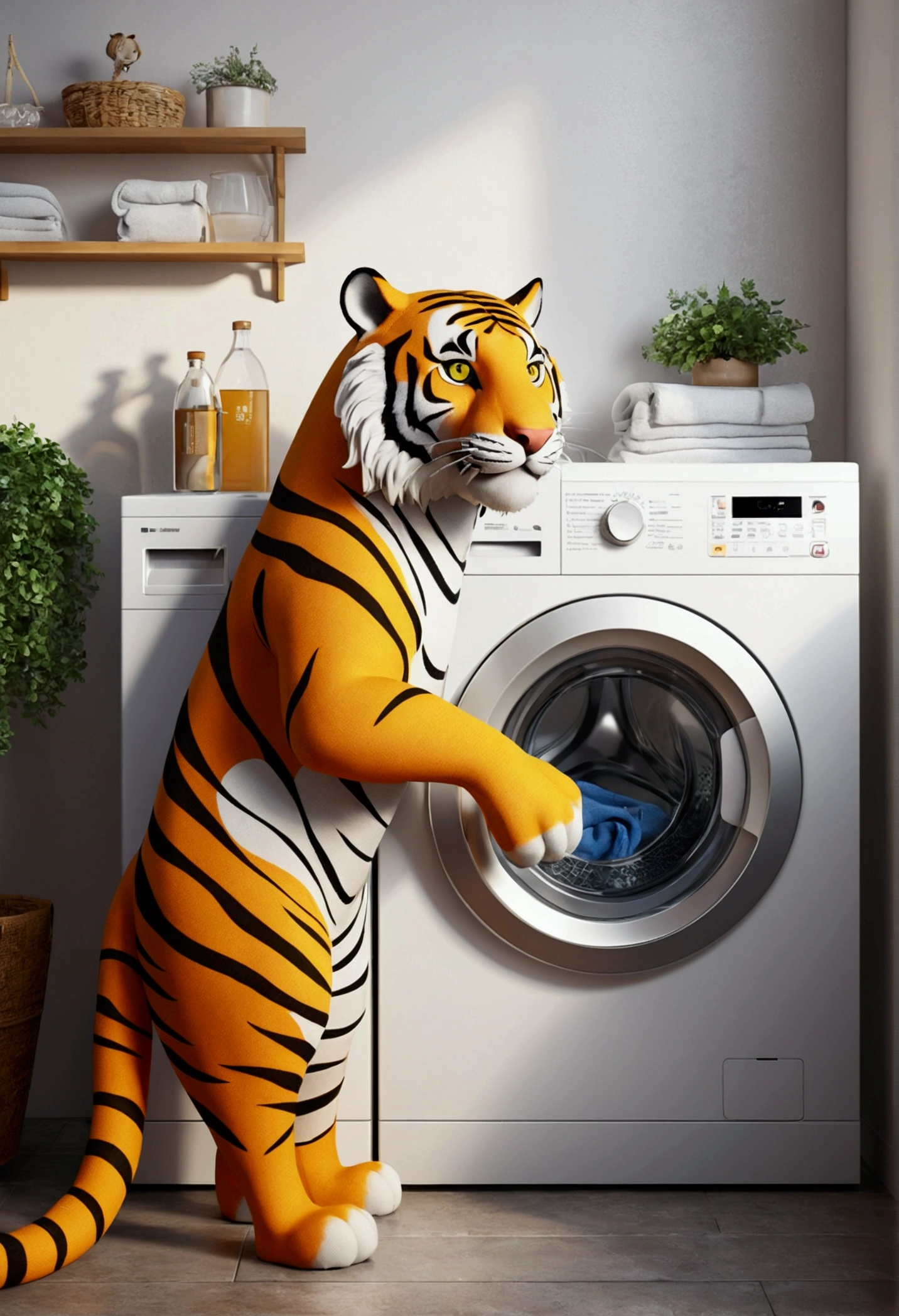 (design of character），tiger laundry with enthusiasm and joy while standing in front of a washing machine, anthropomorphic sun, Mattresses are tiger, smiling, big shiny eyes, Fantastic，Eccentric，similar to a fairy tale, super detailing, pixel style, vibrant with colors, soft natural light, solid color backdrop, 5-octane rendering, a gorgeous, Ultra Wide Angle, 8k, high realism, 8k