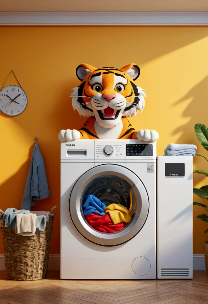 (design of character），tiger laundry with enthusiasm and joy while standing in front of a washing machine, anthropomorphic sun, Mattresses are tiger, smiling, big shiny eyes, Fantastic，Eccentric，similar to a fairy tale, super detailing, pixel style, vibrant with colors, soft natural light, solid color backdrop, 5-octane rendering, a gorgeous, Ultra Wide Angle, 8k, high realism, 8k