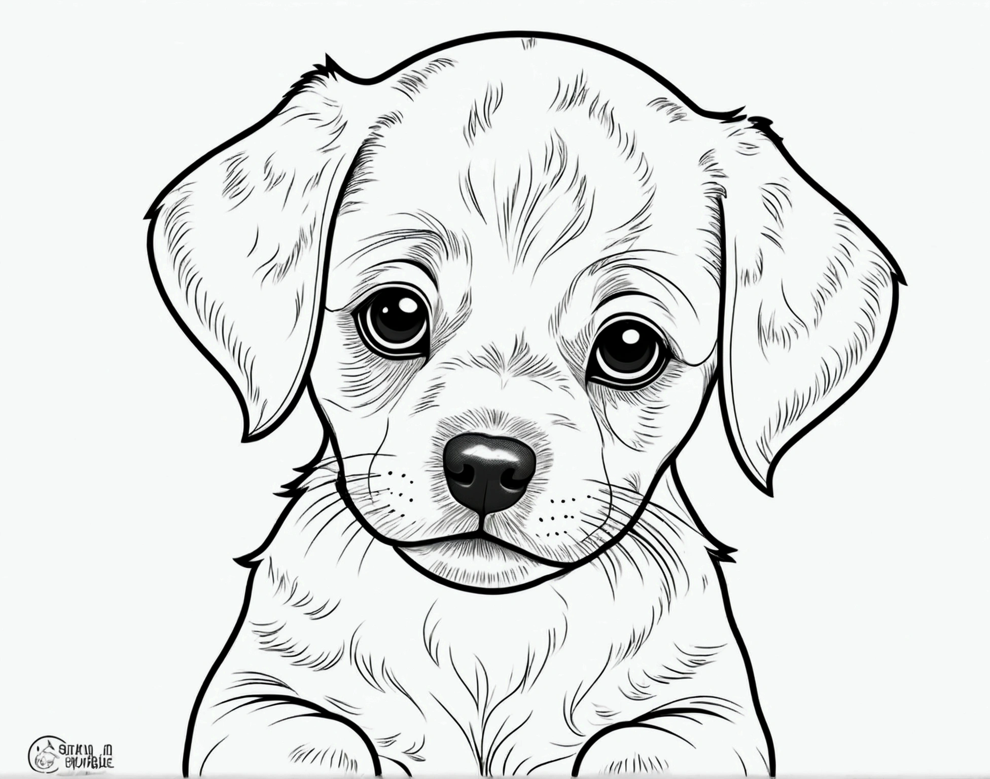 A printable black and white coloring page featuring puppy, clean very simple line art, The line is simplified.