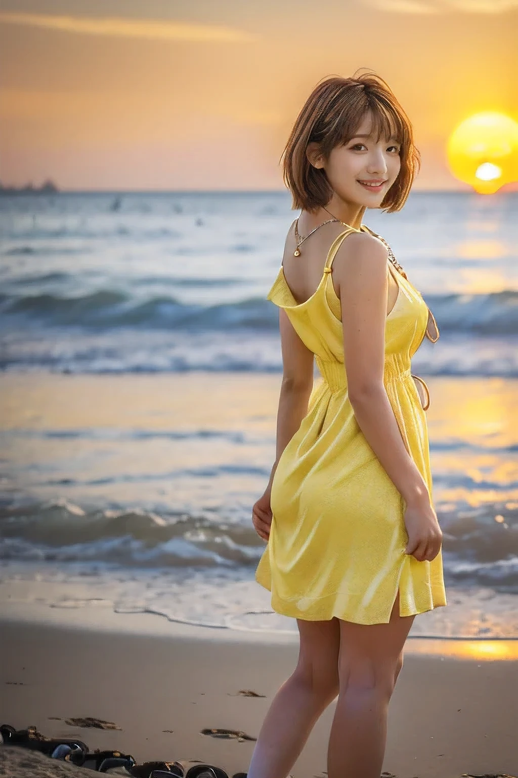 (Standing on the beach watching the sunset:1.5)、(A kind smile:1.5)、(18-year-old female:1.5)、(The best quality at its best:1.4), (Super detailed), (Very detailed CG unified 16k), Beautiful woman with perfect figure: 1.4, Sharp focus: 1.2, Very detailed, High-quality RAW color photos, Professional photography, Great face and eyes, cosmetics, (Amazingly beautiful girl), ((Cute grey dress:1.5)), Realistic movie faces, Full body long view from head to toe, Realistic, ((Realistic natural orange red hairstyle)), ( Short Bob Hair:1.5), (necklace:1.5)、, Very beautiful face, Perfect model beauty, Mouth swelling, Highly detailed face and skin texture, Fine grain, double eyelid, Medium chest, (masterpiece), Highest quality, High resolution, Very detailed, Blurred Background, Depth of written boundary, Cinema Lighting, Great legs, , Clear, well-maintained skin,((Full body shot from head to toe:1.5))