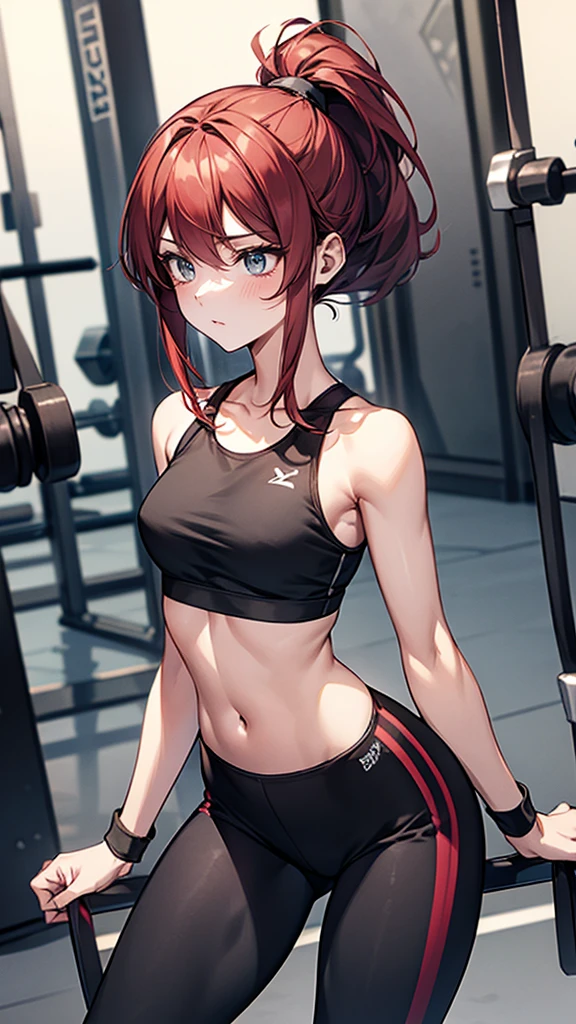 {{masterpiece}}, {{{best quality}}},{{ultra-detailed}}, {{illustration}},{{tall stature}},{{adult women}},,Small breasts,Slender,{{squat}},((Leggings with integrated shorts)),((Black leggings)) Fitness Instructor Red hair ponytail Tank top Wristband Town,1 female,alone, Fitness Gym
