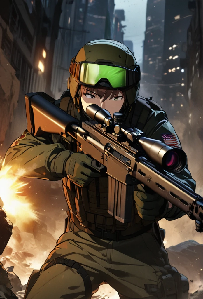 high quality, high definition images, full HD、8k.1 young man, Short brown hair in American combat uniform Wear a helmet deeply, holding a sniper rifle 、midnight city area, using a night vision goggle, pitch black The night vision light is green, Firing a gun from the rubble, 8k, HD, hyper detailed, anatomically correct