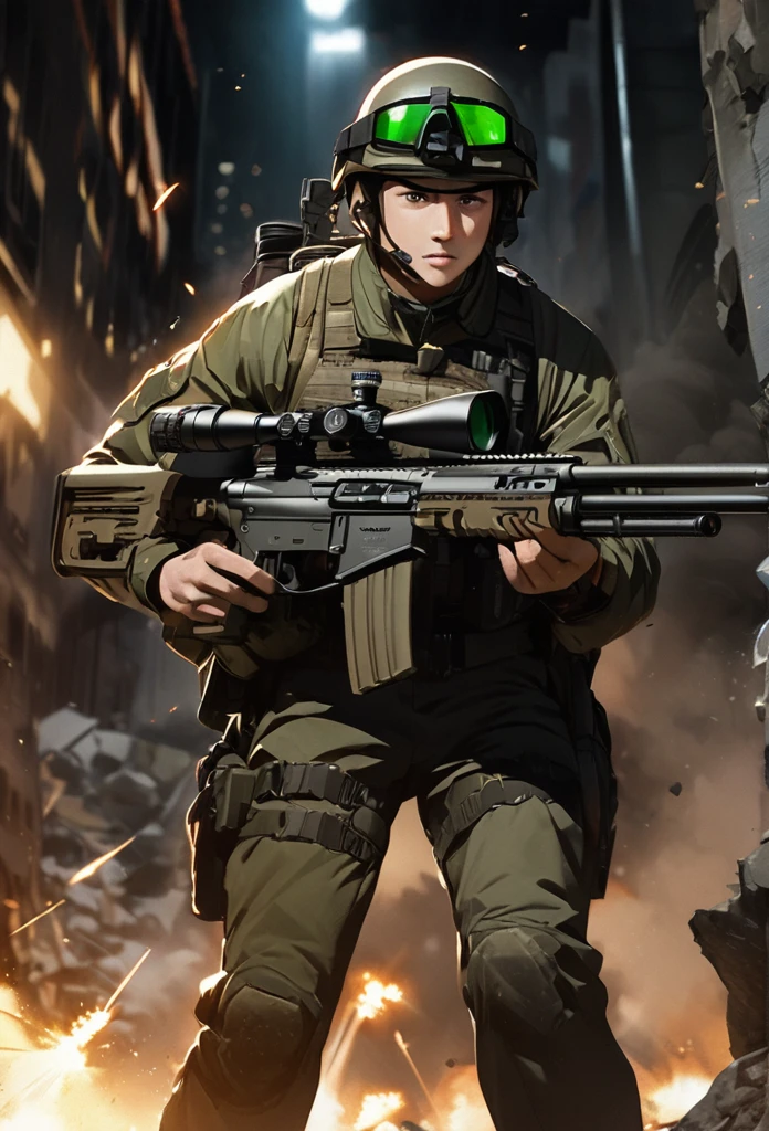 high quality, high definition images, full HD、8k.1 young man, Short brown hair in American combat uniform Wear a helmet deeply, holding a sniper rifle 、midnight city area, using a night vision goggle, pitch black The night vision light is green, Firing a gun from the rubble, 8k, HD, hyper detailed, anatomically correct
