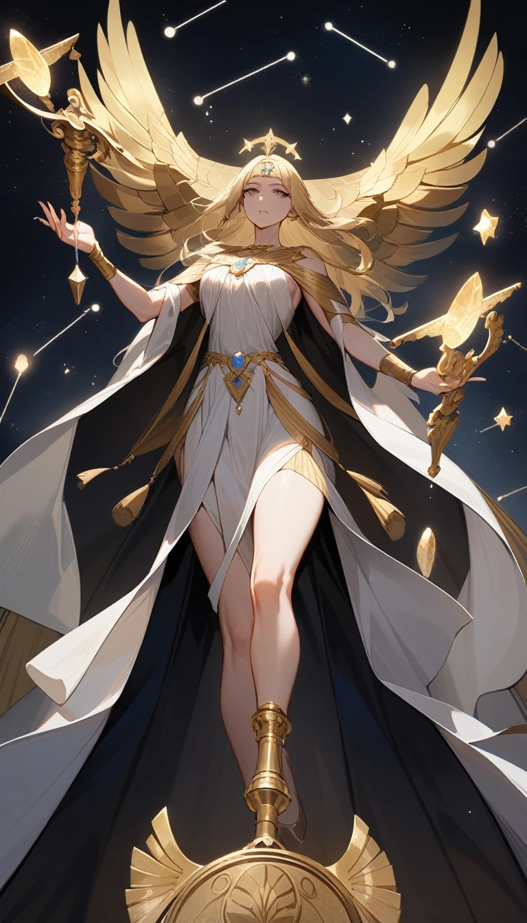 （Huang Li、high quality、Extremely detailed），Constellation - Libra goddess，Huge Libra，Woman holding a scale，Similar to Latin goodness，brave，capricious，Productivity，The face of enterprising and humanitarianism，Long yellow hair，Ancient Greek costumes、Wrap Dress，Conservative clothing，The background is the universe，Crystal black eyes（Eyes Details），Powerful appearance, Correct anatomy