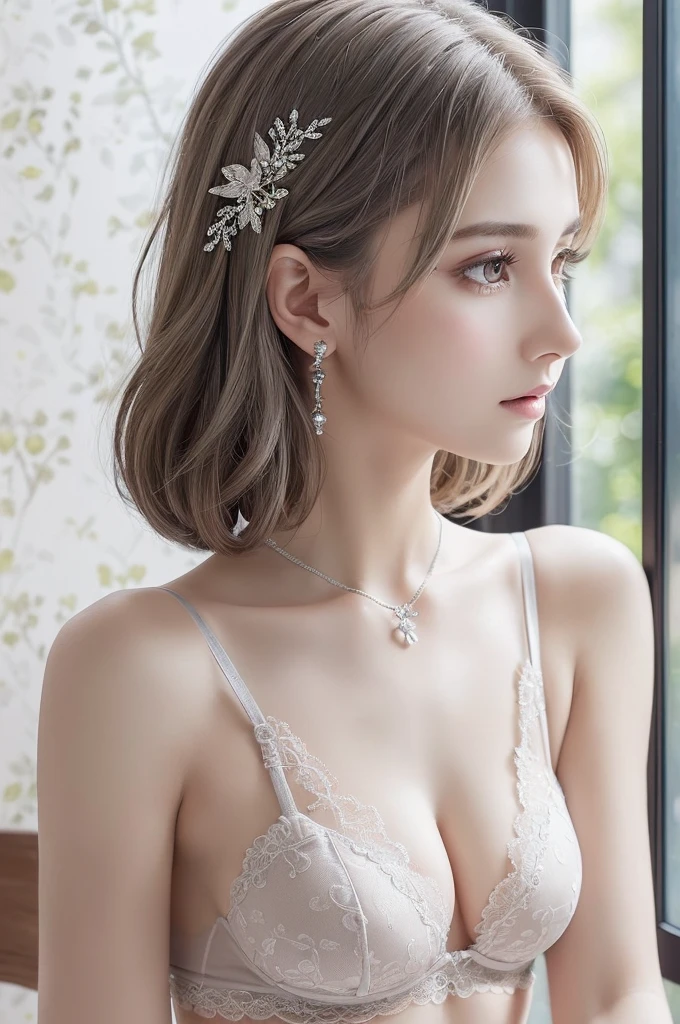 white lace thong bra, (((Very elegant and beautiful, Perfect detail, Super detailed))), whole body, The most detailed girl, Depth of written boundary, 美しく詳細なwhole body, Thin legs, 1 girl, 30 years old, Very short hair, Spiked Hair, Gray and silver hair, Beautiful detailed hair, Perfect Face, Expressionless, Beautifully detailed deep eyes, Open your mouth a little, Delicate arms and hands, Pale skin, Earrings, Beautiful and gorgeous necklace, Colorful background, HD background, Blurred Background, Very delicate and beautiful, Masterpiece, (((Highest quality, Very beautiful 8K CG wallpaper))), (((Trendy hairstyles))), (Inside the room,Stylish interior,window),
