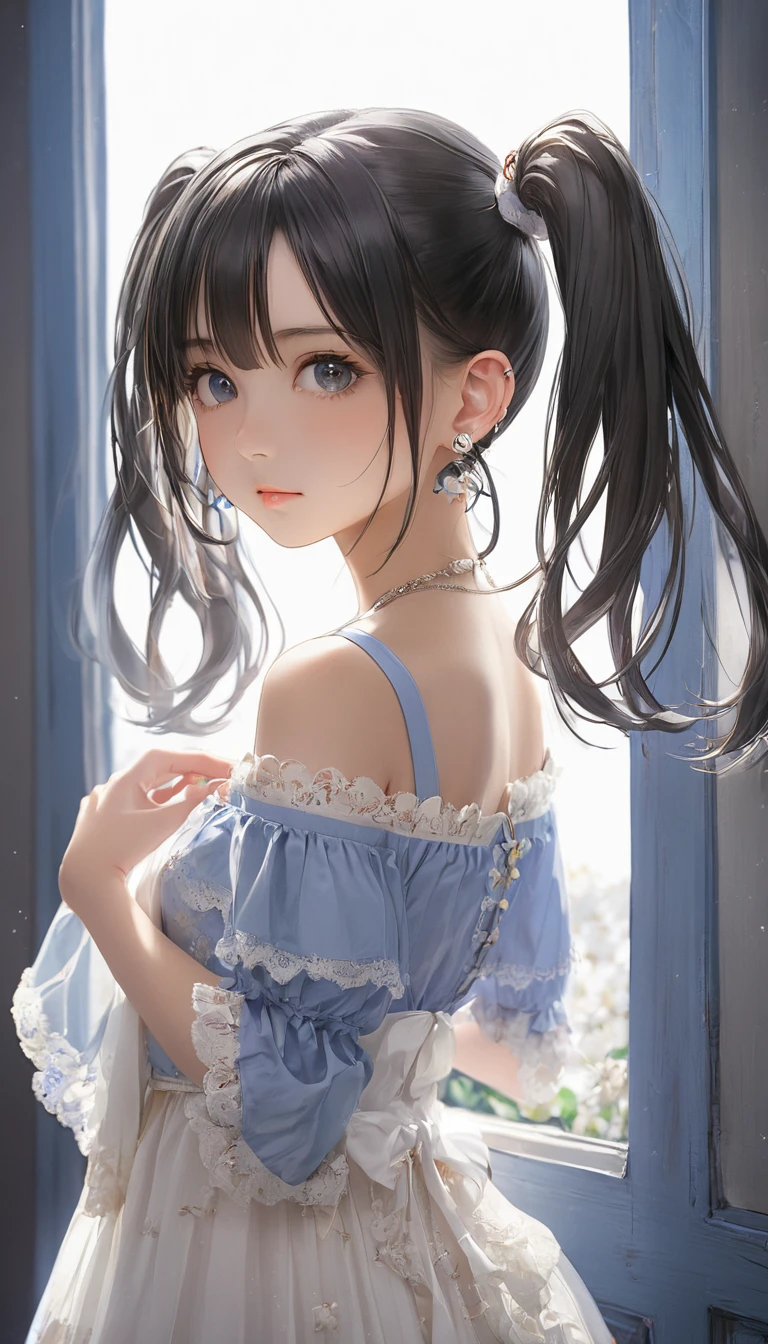 (masterpiece, Highest quality:1.2), One girl, alone,bony body、15 years old、Twin tails、Earrings