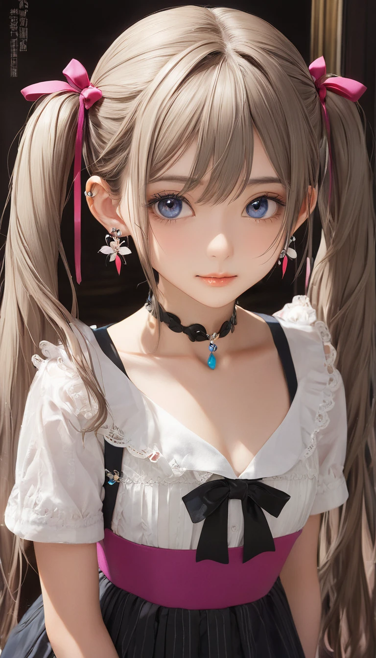 (masterpiece, Highest quality:1.2), One girl, alone,bony body、15 years old、Twin tails、Earrings
