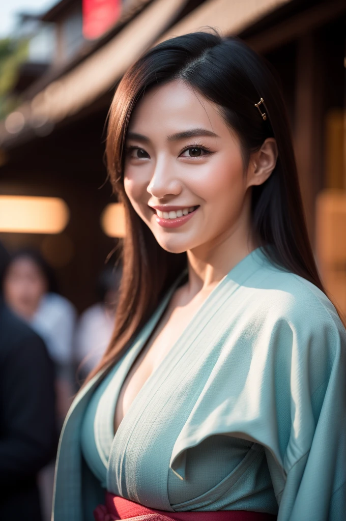 Surrealism, High detail, Cinema Lighting, Ray Tracing, viewing angle, Eye-level shot, Hyper HD, masterpiece, Textured skin, 4K, Highest quality, Beautiful woman in kimono, Background of the Danjiri Festival in Kishiwada, Osaka Prefecture, Japan、A glamorous atmosphere、evil grin