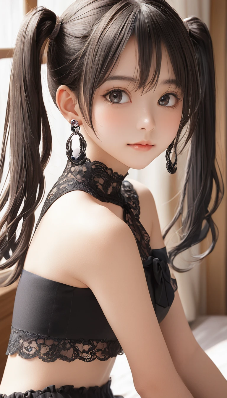 (masterpiece, Highest quality:1.2), One girl, alone,bony body、、Twin tails、Earrings