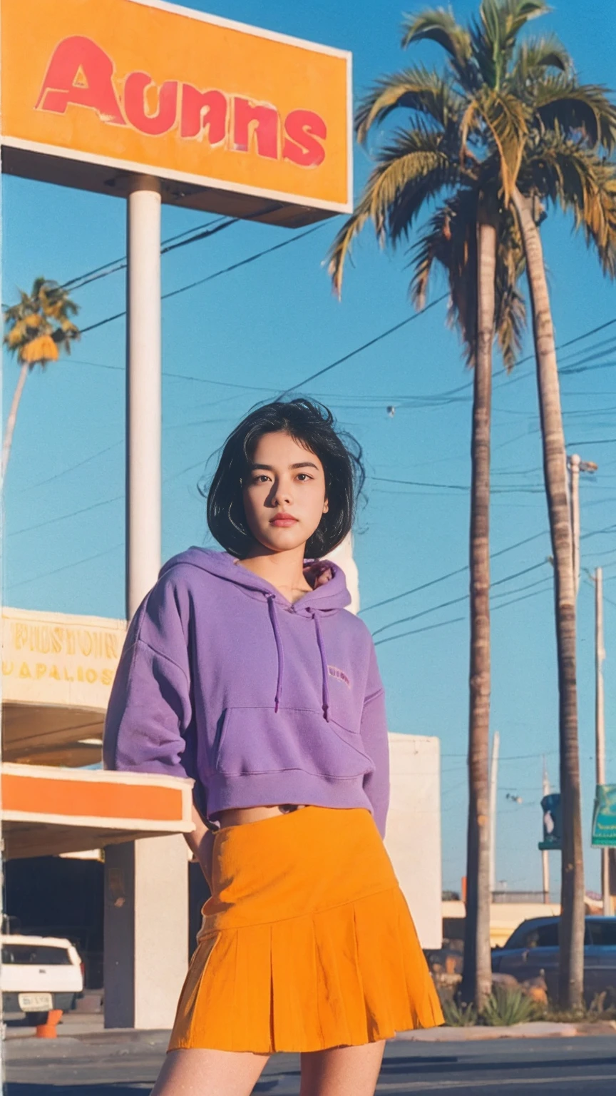 (medium shot portrait) one of cute 23 yo girl ,wear ((orange color oversized_hoodie)), wear ((purple tennis skirt)),looking front,Best Quality,Masterpiece,Ultra High Resolution,(Realisticity:1.4),Original Photo, 1Girl, light leak,ultra high resolution,UHD,beautiful, (black straight hair), almond eye, no makeup, in front of ((80's los angels gas station)), (realistic:1.2), (surreal:1.3), (very detailed:1.1), ((masterpiece)),summer, blue sky, palm trees,sunny, los angles vibes,film camera, 800mm lens,style of Philip Lorca diCorcia