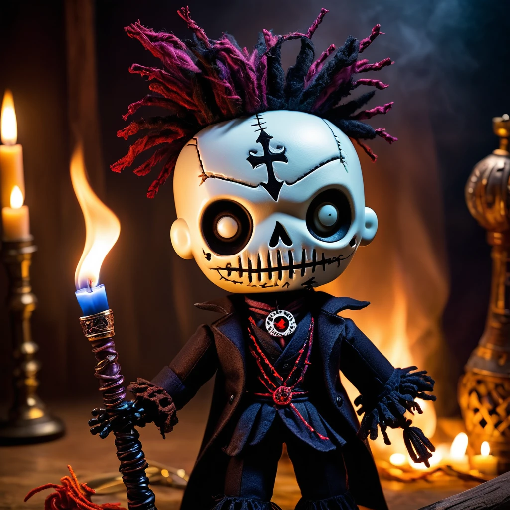 (knitted toy voodoo doll:1.5), (Voodoo Sinister Phantom Lord:1.3), (Clothing: tattered noble attire with dark runes:1.0), (Accessories: enchanted scepter emitting a ghostly glow, floating spectral knights:1.1), (background: dark, haunted castle with flickering torches, echoing footsteps, and an atmosphere of aristocratic terror:1.2), best quality, masterpiece, detailed soft oil painting, detailed background, dramatic cinematic lighting, soft edge lighting, professional, dramatic lighting, hard edge lighting, ultra quality, 4k, masterpiece, best quality, 8k, ultra high definition, high resolution, extremely detailed