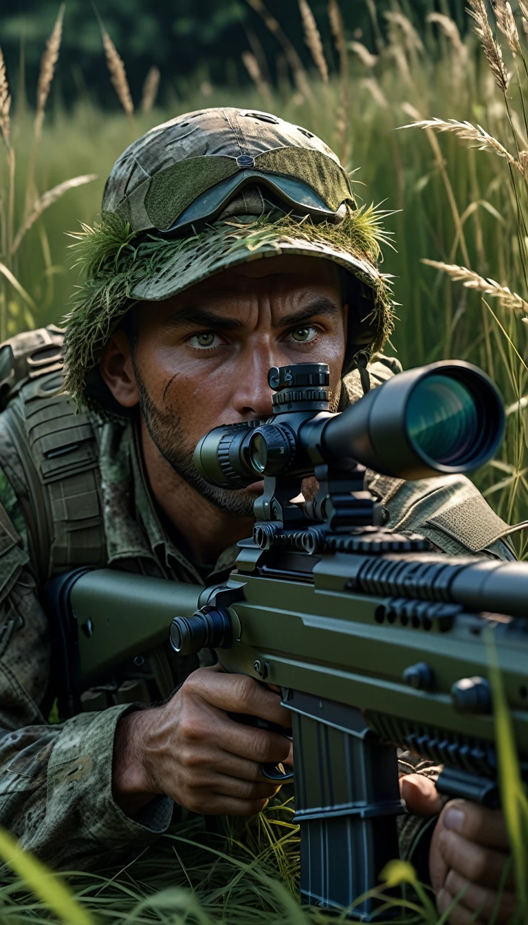 sniper in full camuflage, lay in high grass, aiming sniper rifle, realistic, photorealistic, cinematic, dark fantasy, horror, masterpiece, 8k, high quality, extremely detailed, detailed facial features, extremely detailed eyes