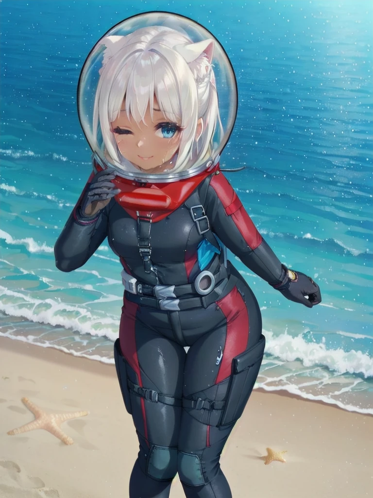 Highly detailed CG, 8k wallpaper, best quality, masterpiece, higher eyes and nose, very delicate and beautiful, beautiful, detailed,, (blue eyes: 1), (beautiful hands), (beautiful fingers) , , necklace (water:1.6), (beach:1.5), (messy hair:1.5), (leaning forward:1), looking at the viewer, (smile:1.3), (one eye closed:1.2) , (sweating), (beautiful toes), (6 years old:1.5), (1girl), (ash white hair:1.5),(middle hair:1 ), (dark skin: 1.4), (thigh circumference: 1.3) , beautiful, narrow waist, white thigh highs, narrow waist, thighs, wide hips, eyeliner, eyelashes, perfect face, detailed eyes, (dark skin : 1.5),,,(spacesuit: 1.15) , white cargo pants, astronaut )bubble helmet, space helmet, space helmet, CAT EARS, bubble helmet, eva helmet, (2girl:1.6)