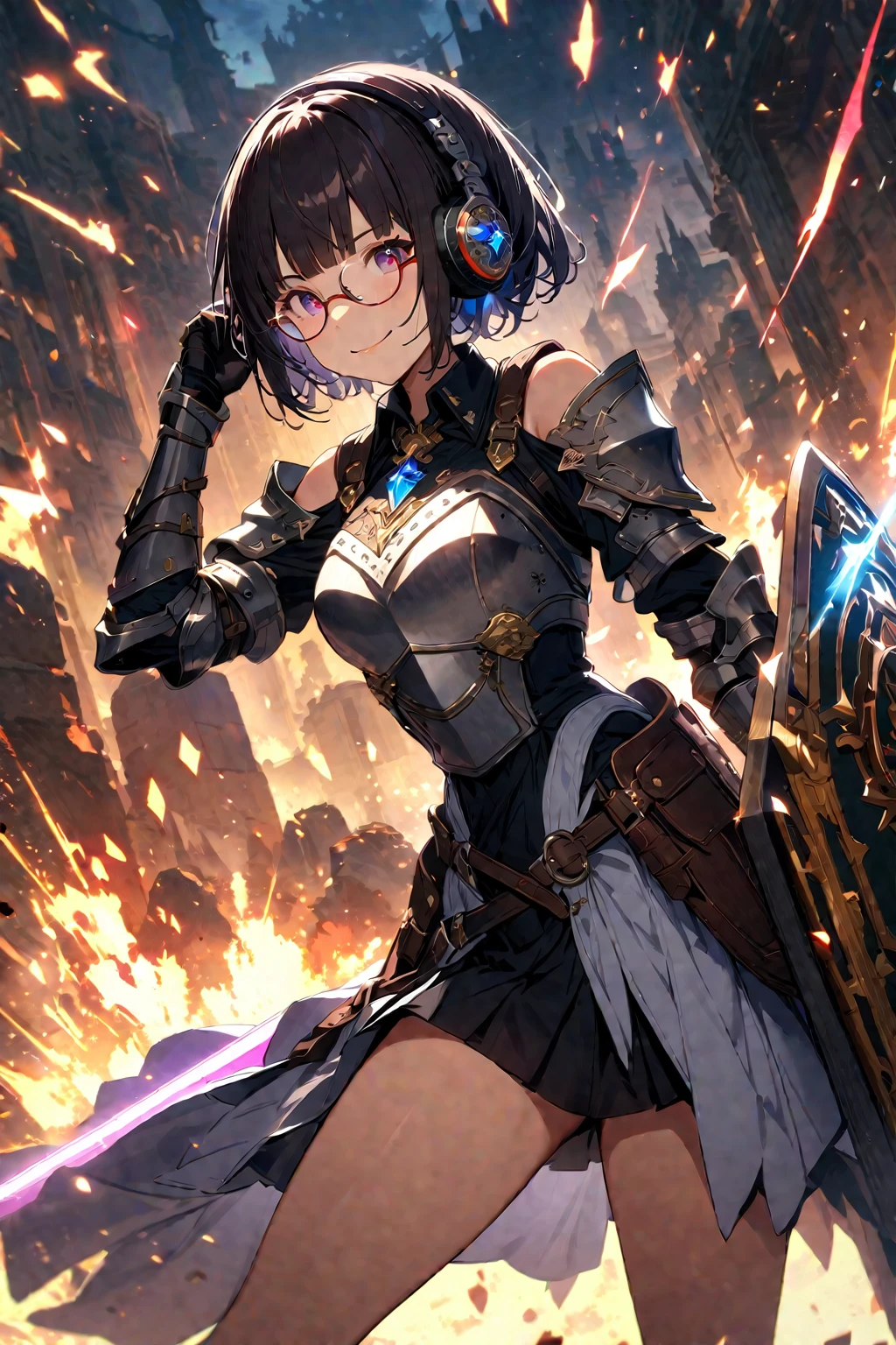 (extremely detailed fine touch:1.3), (((semi-rimless round eyewear:1.3))), (headphone:1.2), short hair, blunt bangs,evil dark, fantasy, 1girl, paladin, armored dress, short skirt, breastplate, circlet, gauntlets, shoulder cutout, glowing sword, energy sword, small shield, glint, sparkle, skindentation, smile, corset, two-tone dress, gemstone, crystal), sparks,