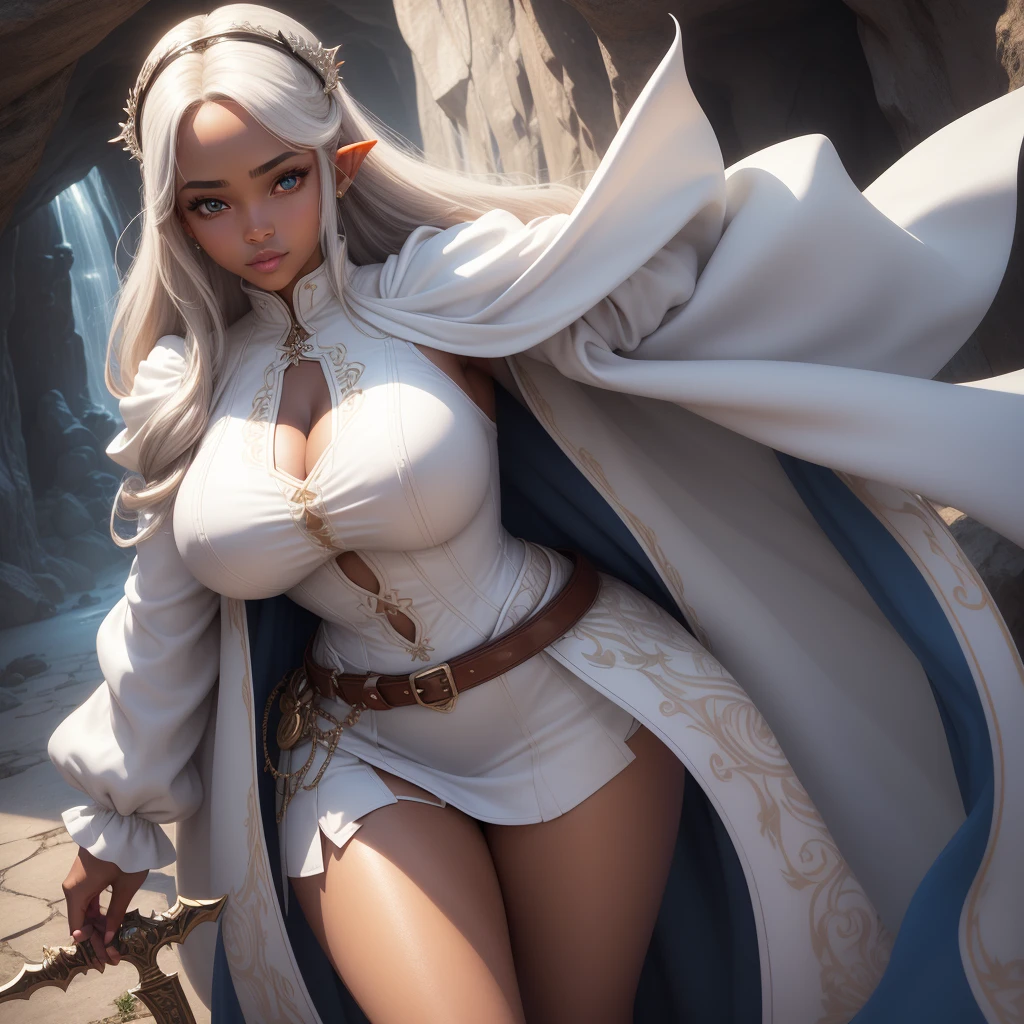 Realistic 3D anime style image,of a (brown-skinned woman),white long hair, pointy ears, beautiful detailed face ,cimetric,Perfect beauty,white eyebrows, well detailed glowing blue eyes,girl smiling, perfect body ,voluptuous body with nice curves, very big breasts , narrow waist,Wide hips,thick thighs,dressed in a white long-sleeved blouse, (V-shaped neckline) ,cuello qipao,long white cape with hood tied by two round brooches joined by a chain ,light brown leather gloves with cuffs,white skirt with high sash,wide brown leather belt in which he carries a short sword, mid-thigh length brown leather flap ankle boots,(walking inside of cave decorated with many colorfull cristal glowing in the dark),(all clothes decorated with intricate details), high quality,photorealist, colorfull illumination, Masterpiece,volumetric light,soft lighting,vivid colors,