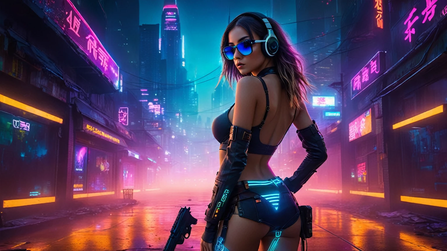 dark futuristic landscape, at night, neon lights, Atmospheric fog, large buildings in the background, futuristic city, streets with open shops, skyscraper (postapocalyptic city:1.3). (((1girl, solo, alone))), large-breast:1.2 slim body, cleavage:1.1, sexy miniskirt, (((headphone, black sunglasses, standing and holding pistol pose))), (((half-body thigh level medium shot))), cinematic lighting, lens flare, ray tracing.