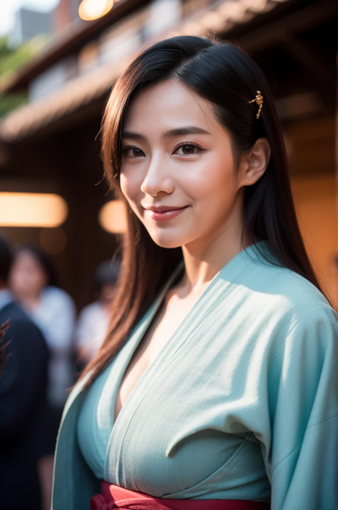 Surrealism, High detail, Cinema Lighting, Ray Tracing, viewing angle, Eye-level shot, Hyper HD, masterpiece, Textured skin, 4K, Highest quality, Beautiful woman in kimono, Background of the Danjiri Festival in Kishiwada, Osaka Prefecture, Japan、A glamorous atmosphere、sad smile、
