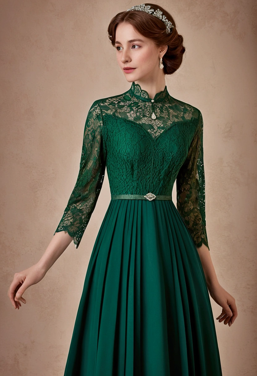 ((High-quality work)), the lines are clear and concise, the green dress and the beautiful pleated lace complement each other, which enriches the layering of the whole picture, the graceful Edwardian lace dress and the princess skirt add a lot to the character, the gesture with the back of the hand behind , It also shows the gentle and elegant side of women.