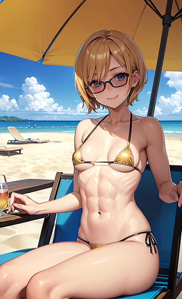 masterpiece, best quality, ultra detailed, ultra high resolution, very detailed face, solo, ((anime)), 20 years old girl, (((micro bikini))), ((golden short hair)), (((medium breast))), (six pack abs:1.2), ((eyes over the sunglassess)), ((little smile)), ((on the beach chair, under the beach parasol, in the beach))