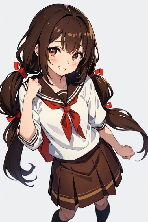 one woman, Full body shot, deep brown hair, low twin tails, deep brown eyes, white skin, 15 years old, young female,Grin, high school girl, , slim, looking at viewer, white background