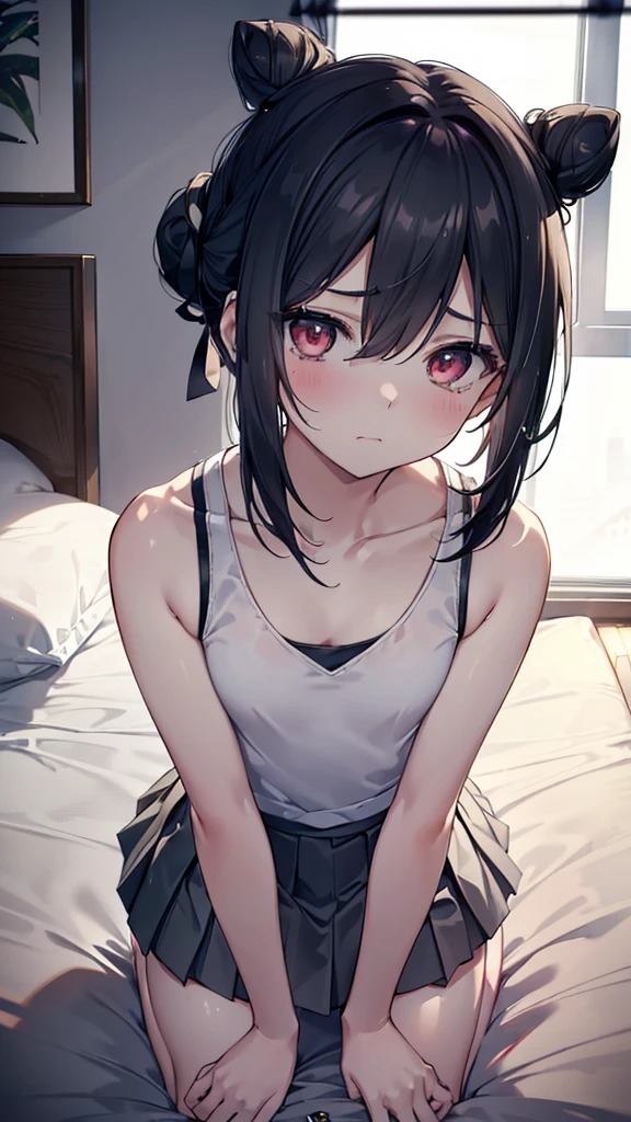 ((White tank top、Grey mini skirt、Pleated skirt))、1. Morning，(Forward lighting:1.9) .、On all fours、Looking up、From above、Cleavage、
②：Highest quality, Anime Moe Art Style,最高のアニメ8kこなちゃんの壁紙,pixiv Contest Winner,Perfect Anatomy, Very detailed,High resolution,Very detailed肌, Professional Lighting,8k ，
③：(One Girl:1.5), Thin eyebrows、Small eyebrows、，Cleavage、(alone,13 years old:1.8),high school student, (hair bun:1.3), (Straight hair:1.6)，(Normal chest)，，Complete limbs,Full Finger, Red eyes, Black hair、hairpin, Beautiful attention to detail, White skin，Close one eye，Glare、tears、Angry，(sad:1.3)
④：From above、From above撮影する，Looking up at the viewer、Looking up，
 ⑥：bed
⑦：(indoor),(pretty girl&#39;S Room:1.4),(bed:1.5)