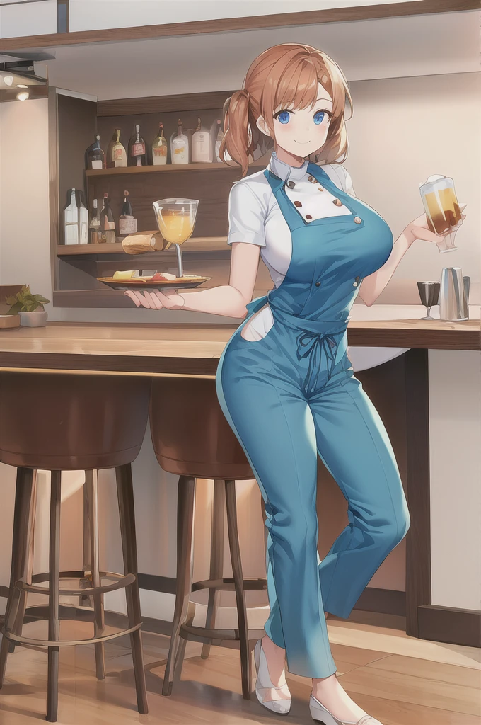 debout, intérieur, bar, sourire, bouche ouverte, tenant une chope de bière, canafh, pantalon, 1fille, chef-d&#39;œuvre, absurdes , Éclairage cinématographique,coup de buste,fond d&#39;écran CG Unity 8k extrêmement détaillé, tir de cow-boy,