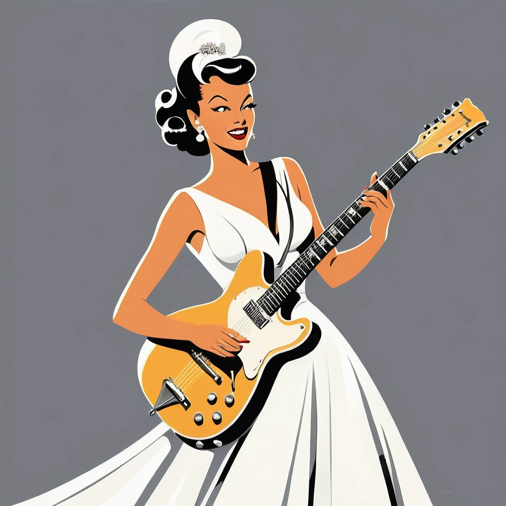 rafed woman in white dress playing a guitar on grey background, inspired Tex Avery, Retro illustration, guitar, In the style of digital illustration, Flat Vector Art, jazz, 1950s illustration style, stylized digital illustration, Manga style illustration, Tex Avery, Pinup Poster Girl, Vector style drawing, Vector Art Style, Elegant woman