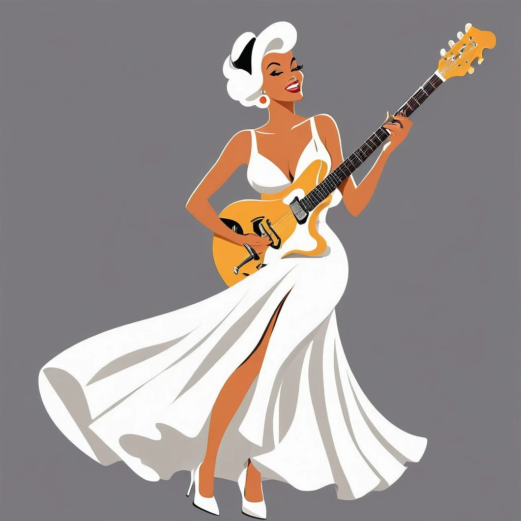 rafed woman in white dress playing a guitar on grey background, inspired Tex Avery, Retro illustration, guitar, In the style of digital illustration, Flat Vector Art, jazz, 1950s illustration style, stylized digital illustration, Manga style illustration, Tex Avery, Pinup Poster Girl, Vector style drawing, Vector Art Style, Elegant woman