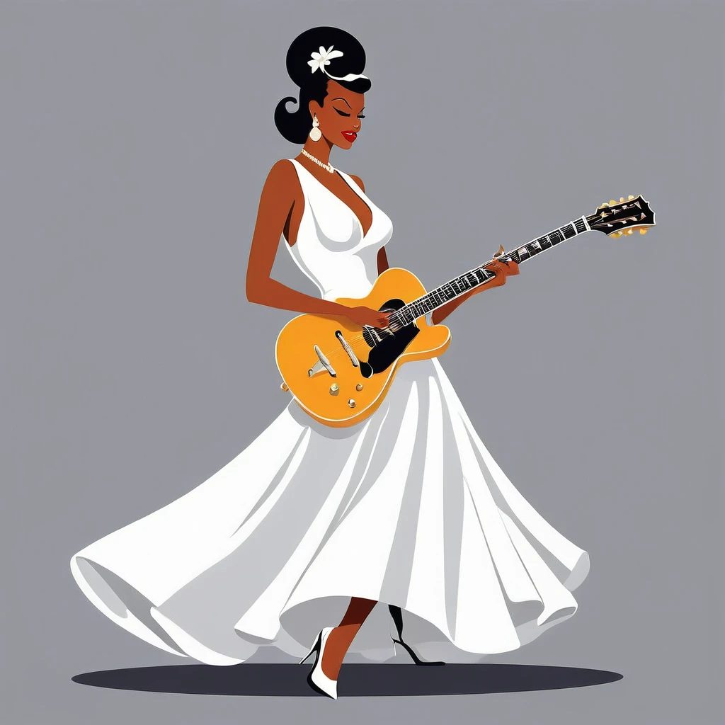 rafed woman in white dress playing a guitar on grey background, inspired Tex Avery, Retro illustration, guitar, In the style of digital illustration, Flat Vector Art, jazz, 1950s illustration style, stylized digital illustration, Manga style illustration, Tex Avery, Pinup Poster Girl, Vector style drawing, Vector Art Style, Elegant woman