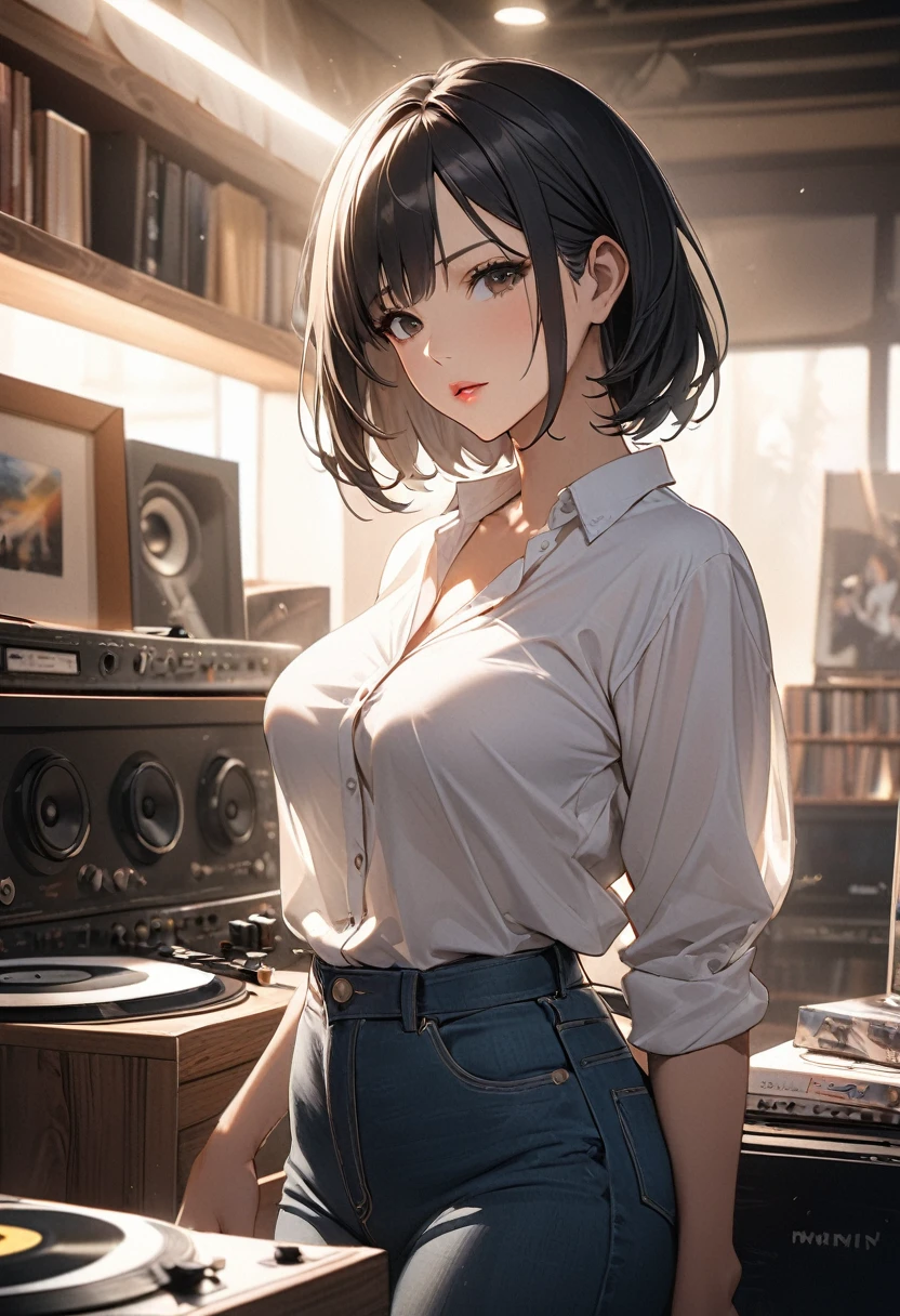 (masterpiece, Highest quality:1.4), 非常にdetailedな, Soft Light, Natural light, Cinematic Light, Film Grain, (Depth of written boundary), (1 Female, alone:1.4), Mature Woman, Perfect female figure, (Perfect Face, detailedな顔, Glossy Lips, eyeliner), Bob Hair, Black Hair, (Natural Breasts), (Unbuttoned white shirt, jeans, Cleavage), (Mixtape:1.4), (Music Store, disk, vinyl, wireless, Amplifier, speaker, Headphones), (Are standing)((Highest quality)), ((masterpiece)), (detailed), One girl, sexy