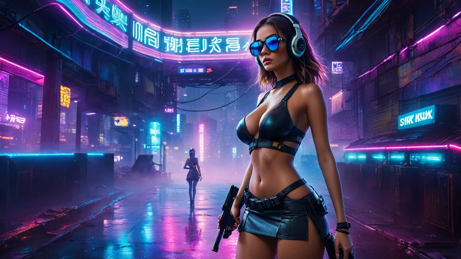 dark futuristic landscape, at night, neon lights, Atmospheric fog, large buildings in the background, futuristic city, streets with open shops, skyscraper (postapocalyptic city:1.3). (((1girl, solo, alone))), large-breast:1.2 slim body, cleavage:1.1, sexy miniskirt, (((headphone, black sunglasses, standing and holding pistol pose))), (((half-body thigh level medium shot))), cinematic lighting, lens flare, ray tracing.