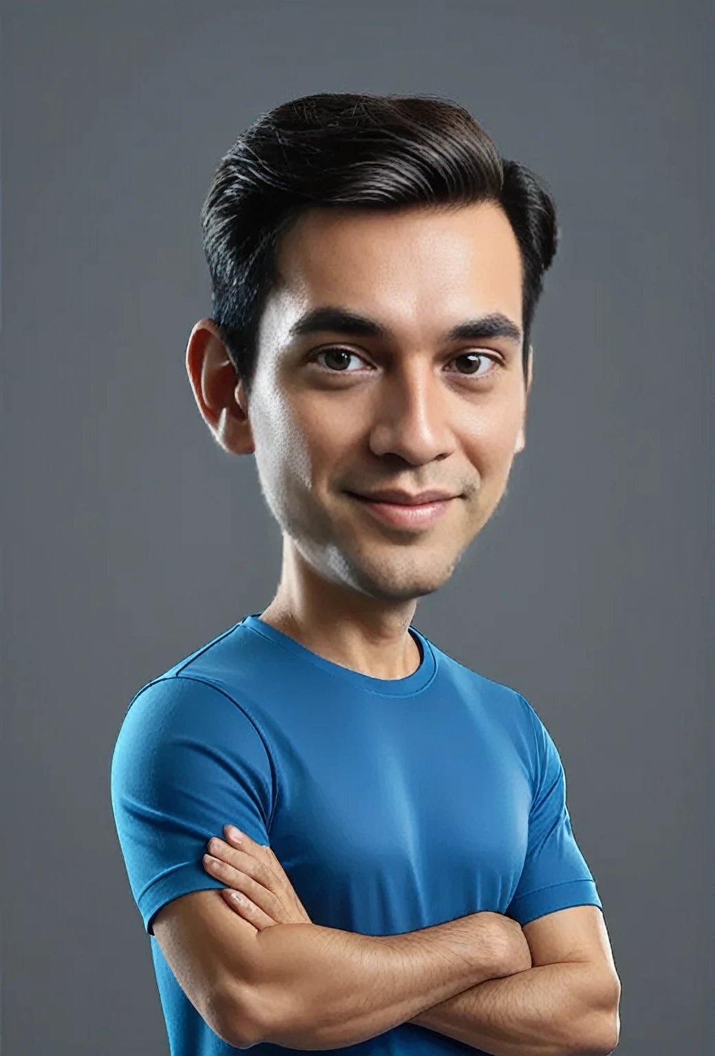 make a caricature image of a man wearing a blue t-shirt on a gray background with sufficient lighting, 3d 8d caricature image quality