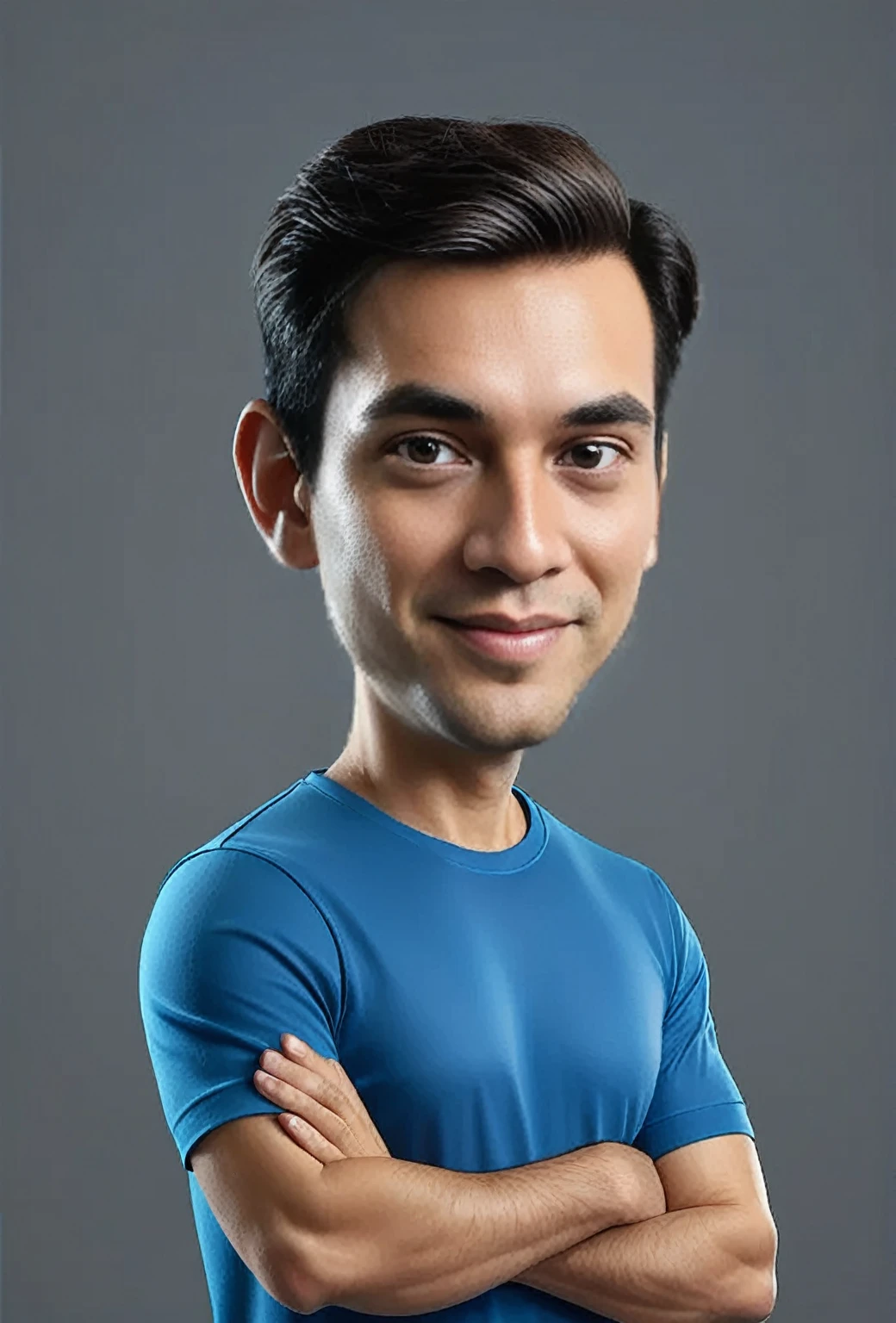 make a caricature image of a man wearing a blue t-shirt on a gray background with sufficient lighting, 3d 8d caricature image quality