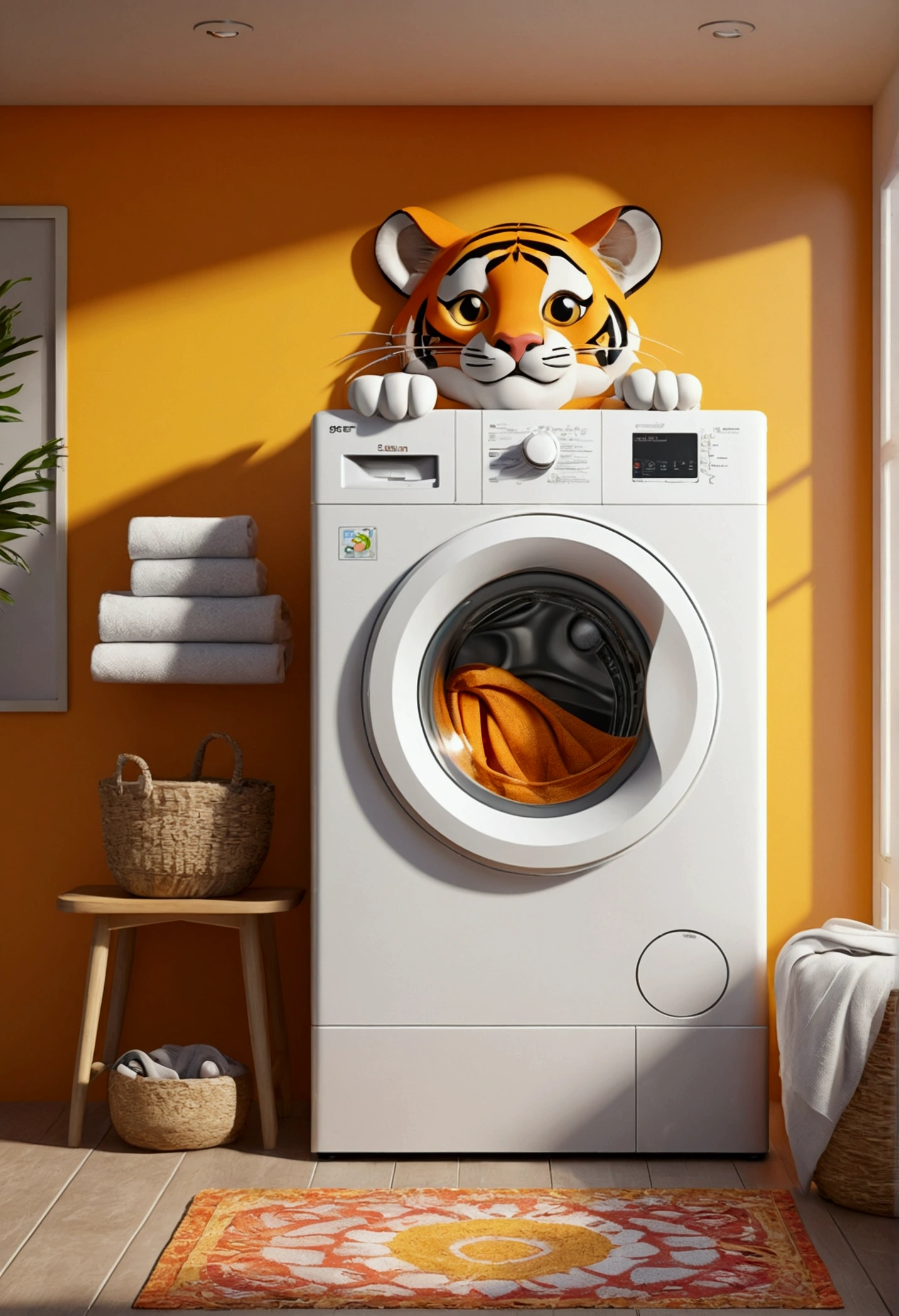 (design of character），washing machine with enthusiasm and joy while standing in front of a laundry, anthropomorphic sun, Mattresses are tiger, smiling, big shiny eyes, Fantastic，Eccentric，similar to a fairy tale, super detailing, pixel style, vibrant with colors, soft natural light, solid color backdrop, 5-octane rendering, a gorgeous, Ultra Wide Angle, 8k, high realism, 8k