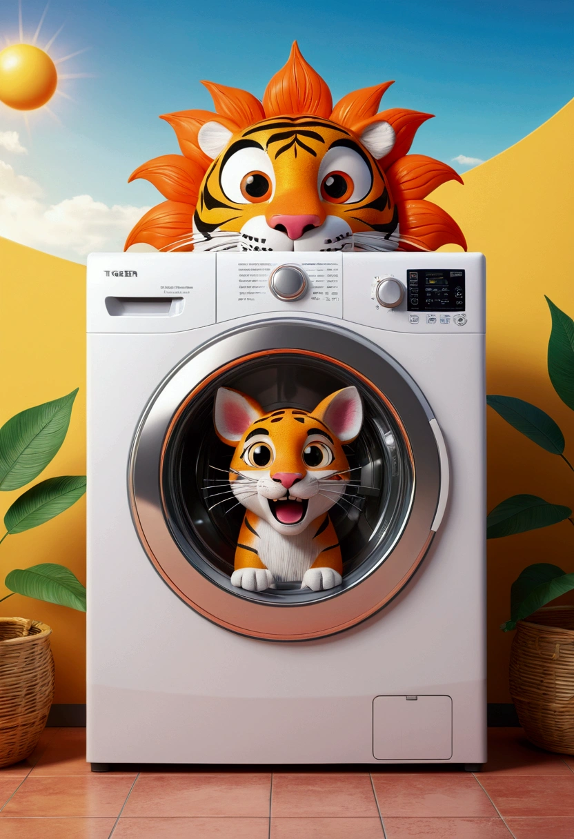 (design of character），washing machine with enthusiasm and joy while standing in front of a laundry, anthropomorphic sun, Mattresses are tiger, smiling, big shiny eyes, Fantastic，Eccentric，similar to a fairy tale, super detailing, pixel style, vibrant with colors, soft natural light, solid color backdrop, 5-octane rendering, a gorgeous, Ultra Wide Angle, 8k, high realism, 8k