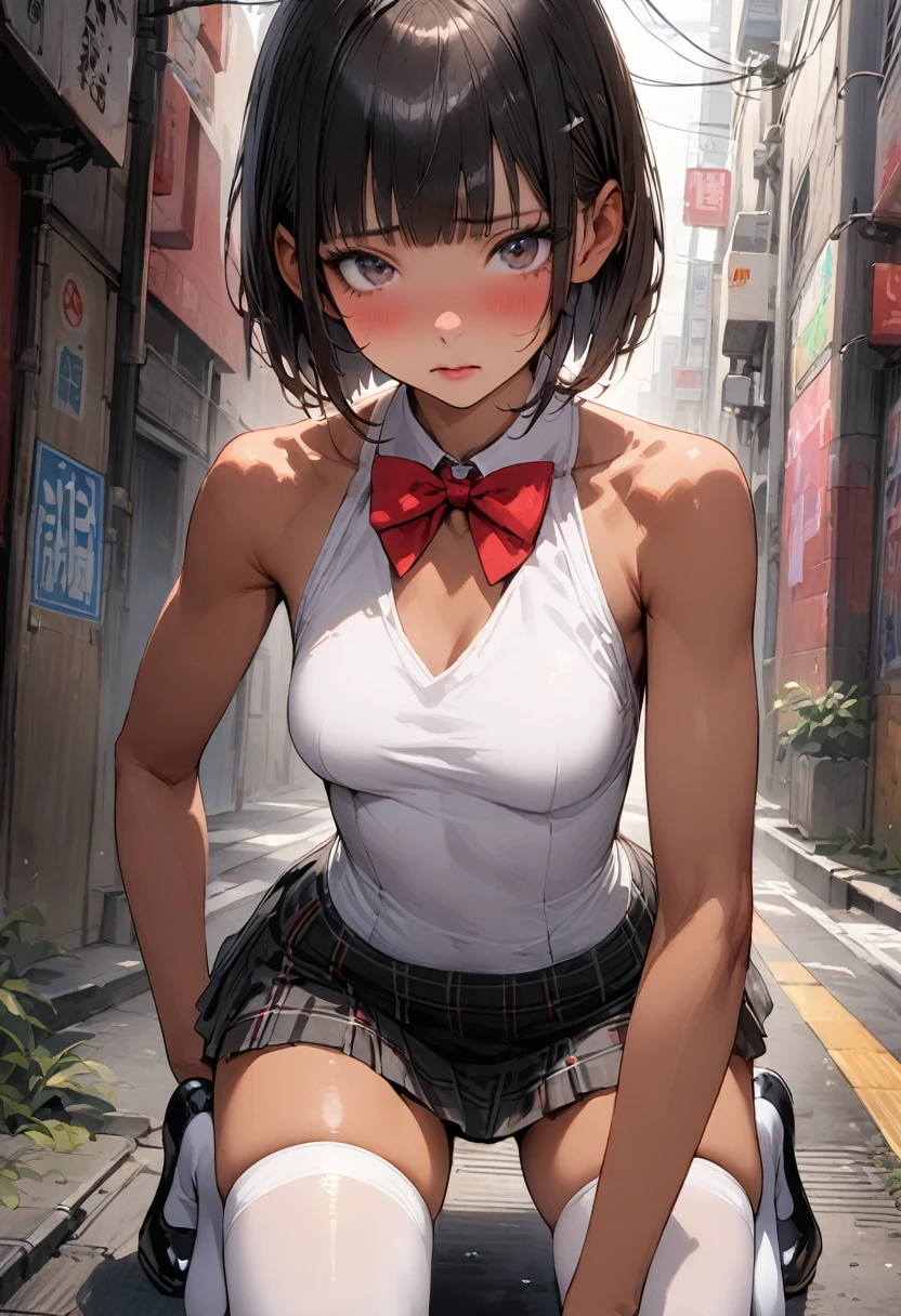 ((masterpiece,Highest quality:1.3,best quality illustration)),((realistic)),cowboy shot,独奏,1woman,(20 year old beauty),black hair,short bob hair,blunt bangs,black eyes,gorgeous big eyes,((very small head:1.3)),shy,((very long body:1.3,skinny,tan skin)),medium breasts,(Red bow tie、White sleeveless shirt、Black plaid mini skirt、white_thighhighs),Black pumps、gleaming skin,toned body,slender body,kneeling,Back Alley、neon、Shibuya Station、