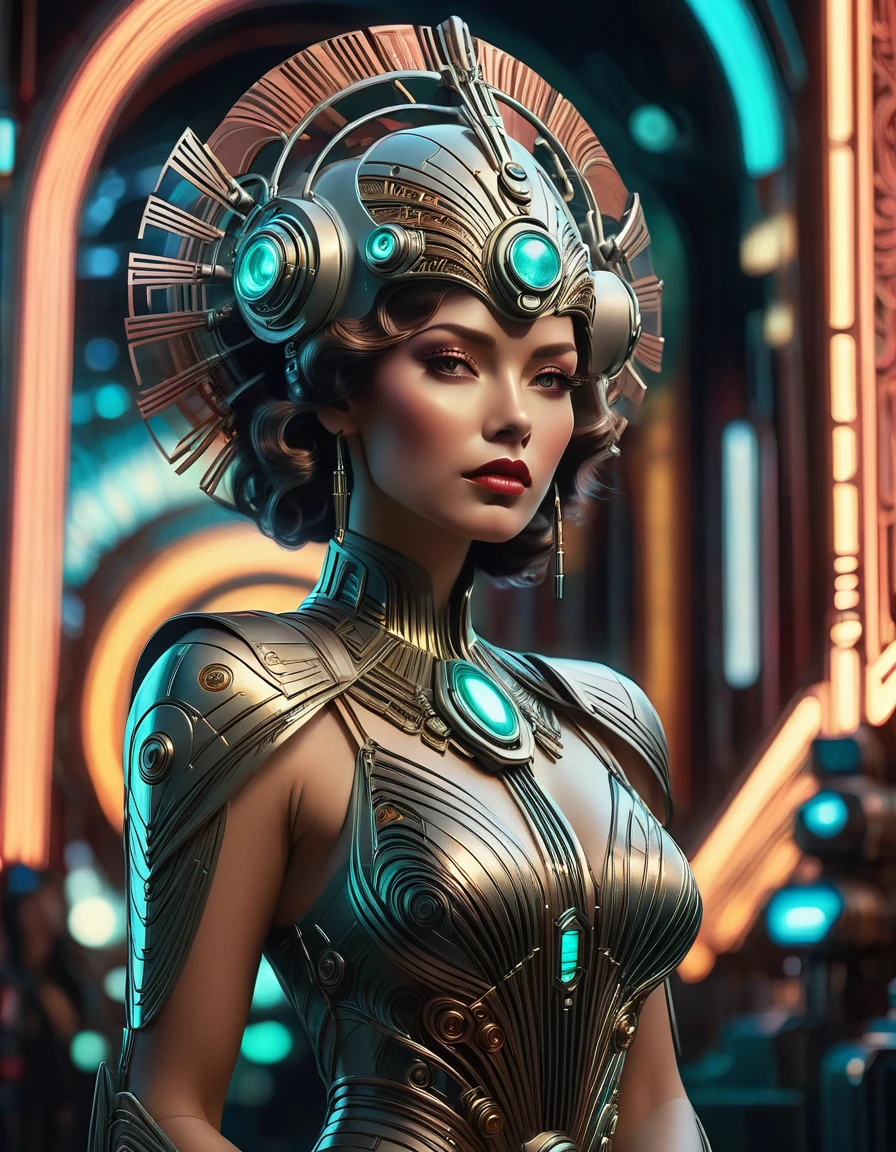 a beautiful busty art deco space woman, elegant futuristic dress, intricate mechanical details, elaborate headdress, glowing cyberpunk neon lights, cinematic dramatic lighting, highly detailed, photorealistic, 8k, hyper detailed, masterpiece, intricate patterns, muted color palette, chiaroscuro lighting