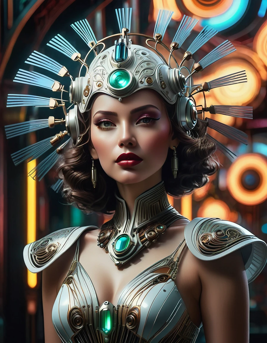 a beautiful busty art deco space woman, elegant futuristic dress, intricate mechanical details, elaborate headdress, glowing cyberpunk neon lights, cinematic dramatic lighting, highly detailed, photorealistic, 8k, hyper detailed, masterpiece, intricate patterns, muted color palette, chiaroscuro lighting