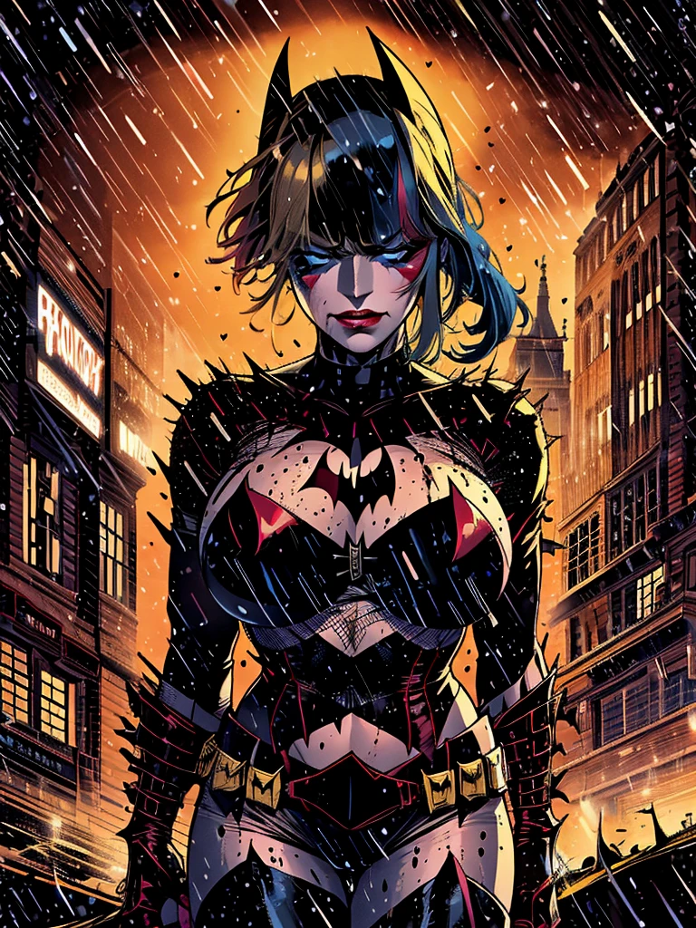 Harley Quinn, dressed in the Batman suit, stands confidently on the rain-soaked streets of Gotham City at night. The dark, wet pavement glistens under the intense downpour, highlighting the intricate details of her Batsuit. Her expression is stern, masked gaze fixed forward. A long, black cape billows behind her, flapping in the wind as she stands firm against the torrential rain. Neon lights from nearby signs and buildings cast an eerie glow, illuminating the dark atmosphere. The rain-soaked streets stretch out before her, leading into the distance with a sense of depth and perspective. Harley's drenched appearance adds to the gritty, dystopian ambiance.